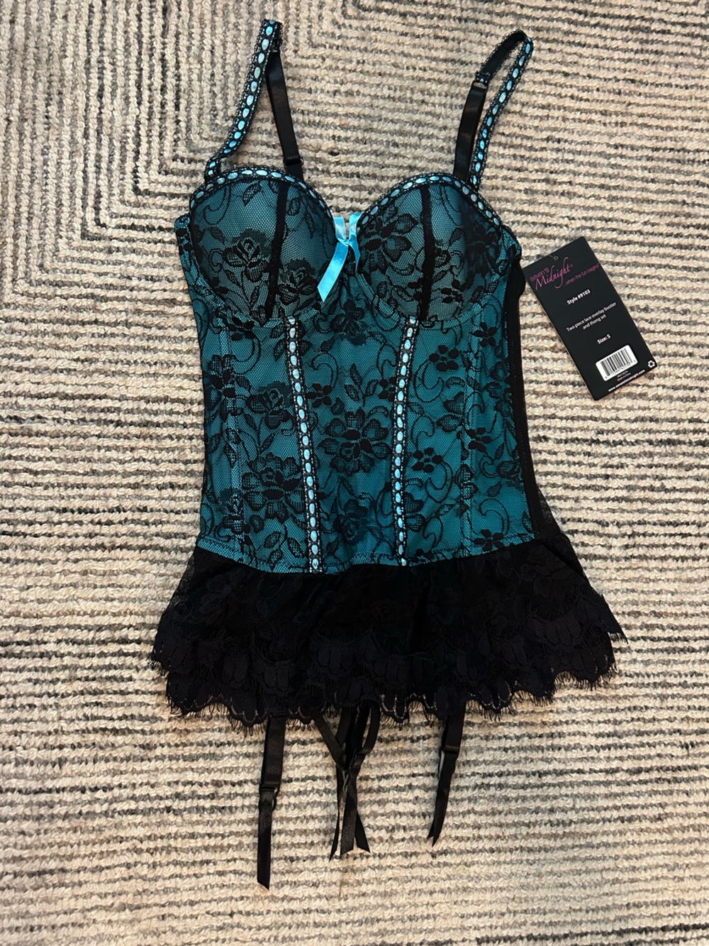 Teal and Black Lace Bustier with Ruffle Hem Size Small - Picture 1 of 7